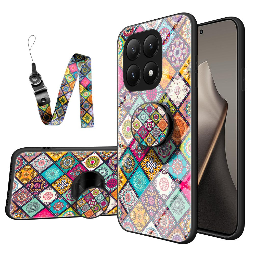 For Xiaomi 15T Case Kickstand Ethnic Pattern Tempered Glass Phone Cover with Strap