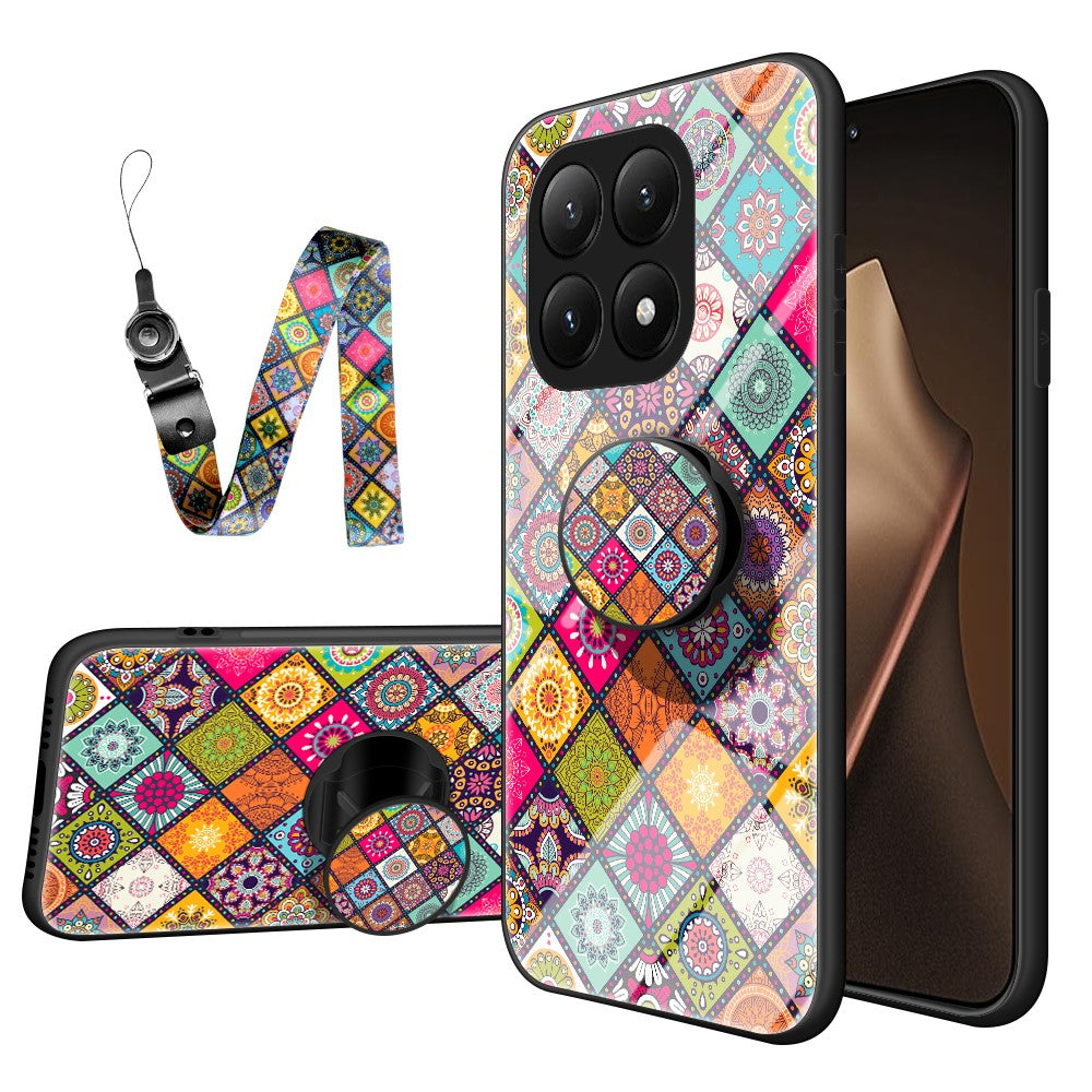 For Xiaomi 15T Pro Case Kickstand Ethnic Pattern Tempered Glass Phone Cover with Strap