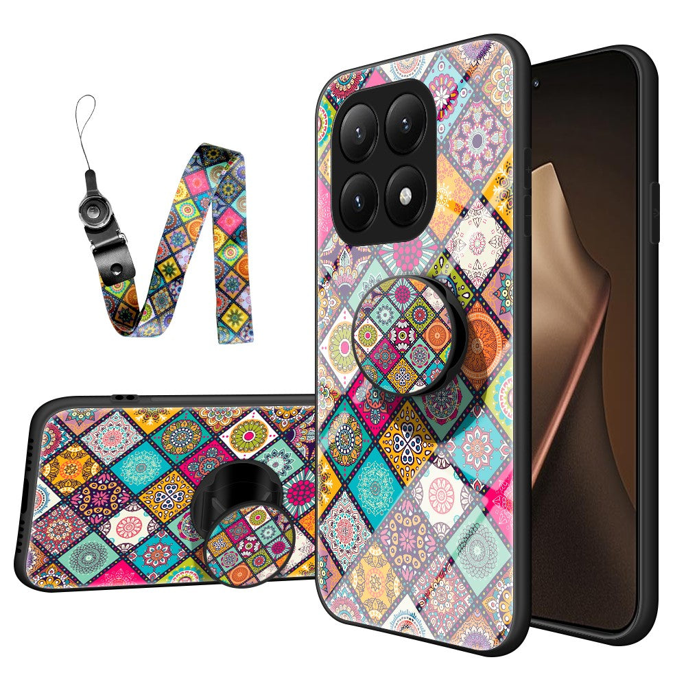 For Xiaomi 15T Pro Case Kickstand Ethnic Pattern Tempered Glass Phone Cover with Strap