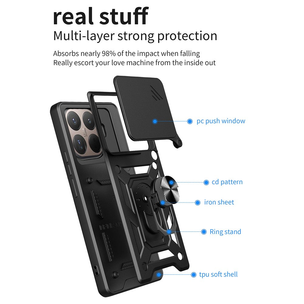 For Xiaomi 15T Pro Case with Slide Camera Lid PC + TPU Kickstand Phone Cover