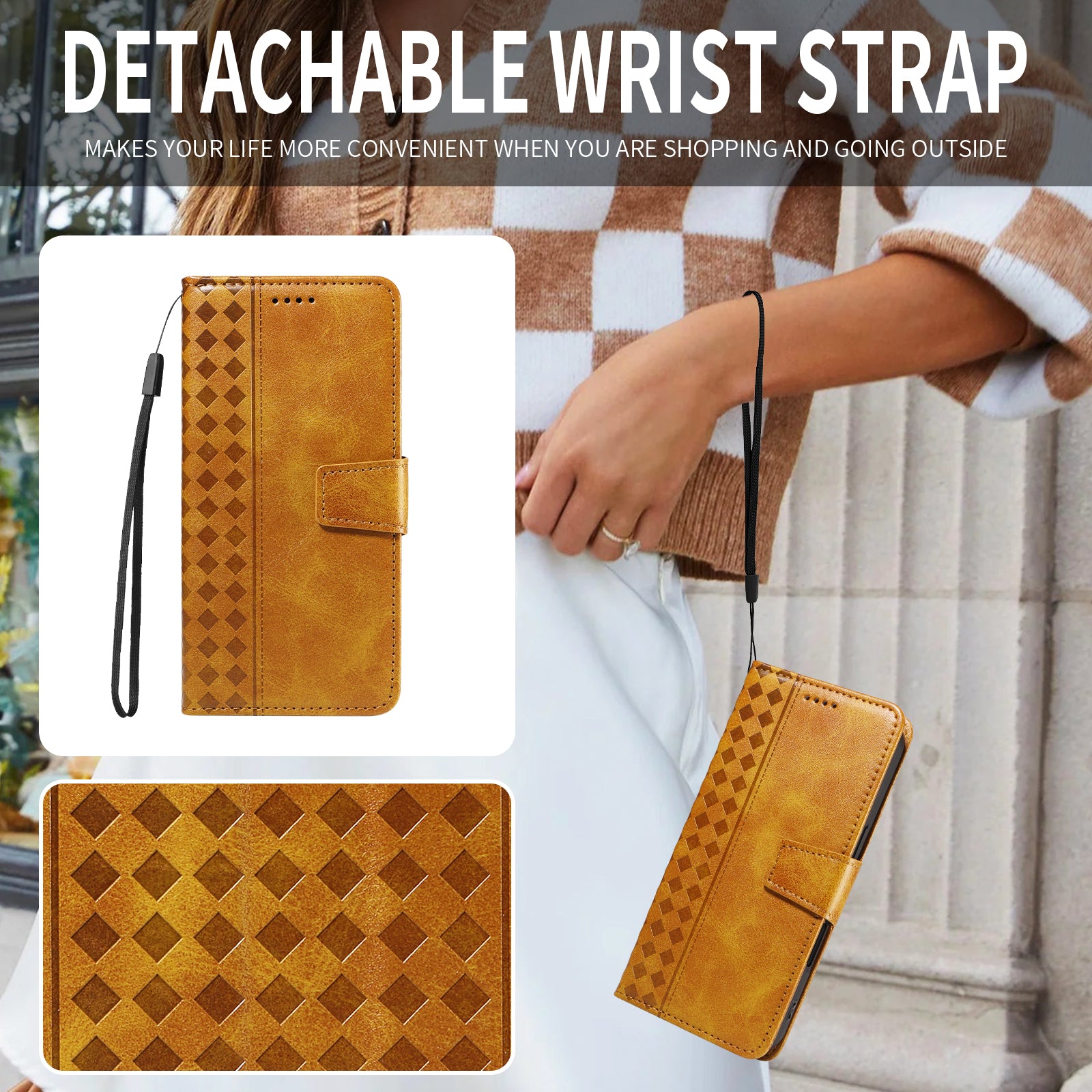 For Oppo A6 Pro 4G / Oppo F31 5G / Oppo A6 Pro 5G Leather Case Wallet Stand Grids Imprinted Phone Cover with Strap