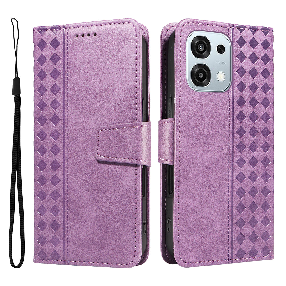 For Oppo A6 Pro 4G / Oppo F31 5G / Oppo A6 Pro 5G Leather Case Wallet Stand Grids Imprinted Phone Cover with Strap