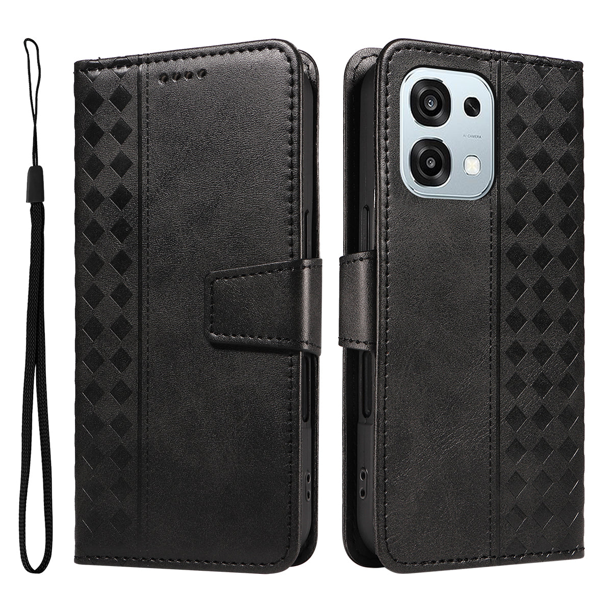 For Oppo A6 Pro 4G / Oppo F31 5G / Oppo A6 Pro 5G Leather Case Wallet Stand Grids Imprinted Phone Cover with Strap