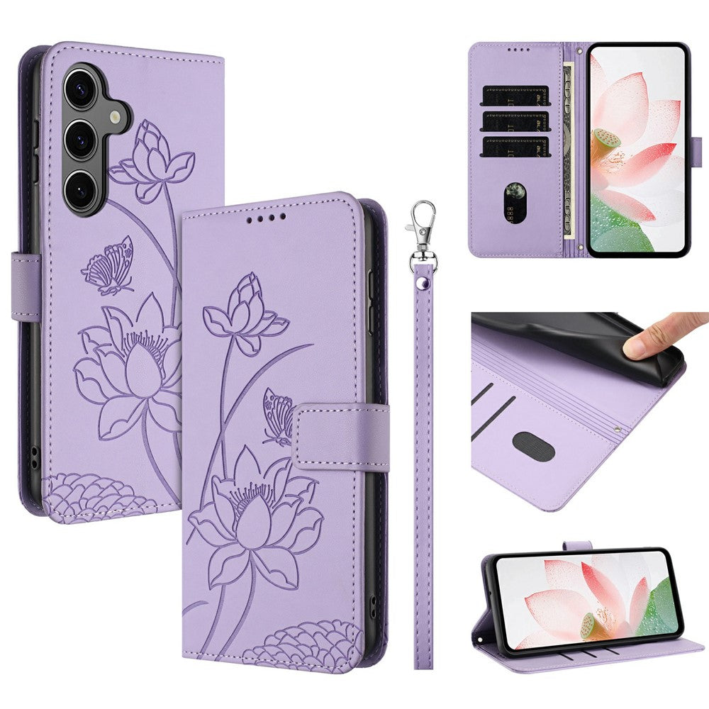 For Samsung Galaxy S25  /  S24 Case Wallet Stand Lotus Imprint Leather Phone Cover with Wrist Strap