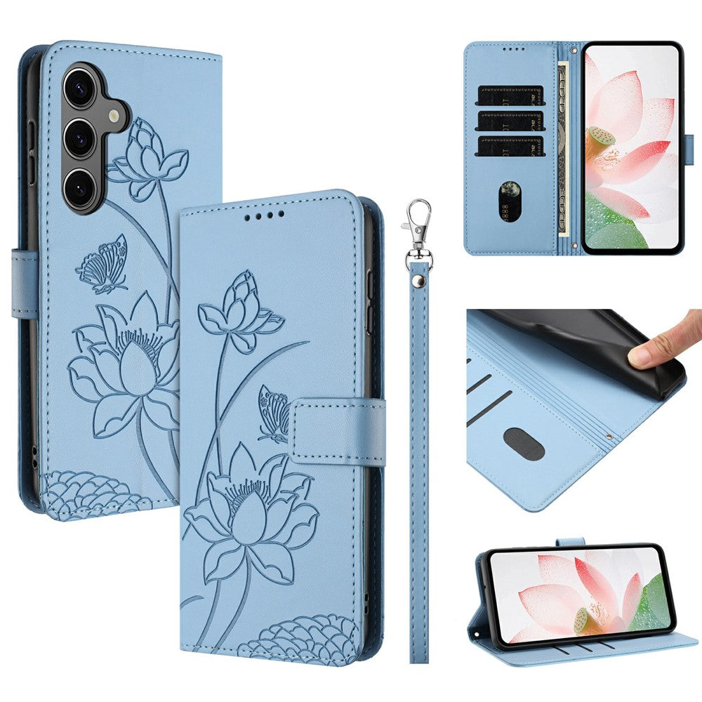For Samsung Galaxy S25  /  S24 Case Wallet Stand Lotus Imprint Leather Phone Cover with Wrist Strap