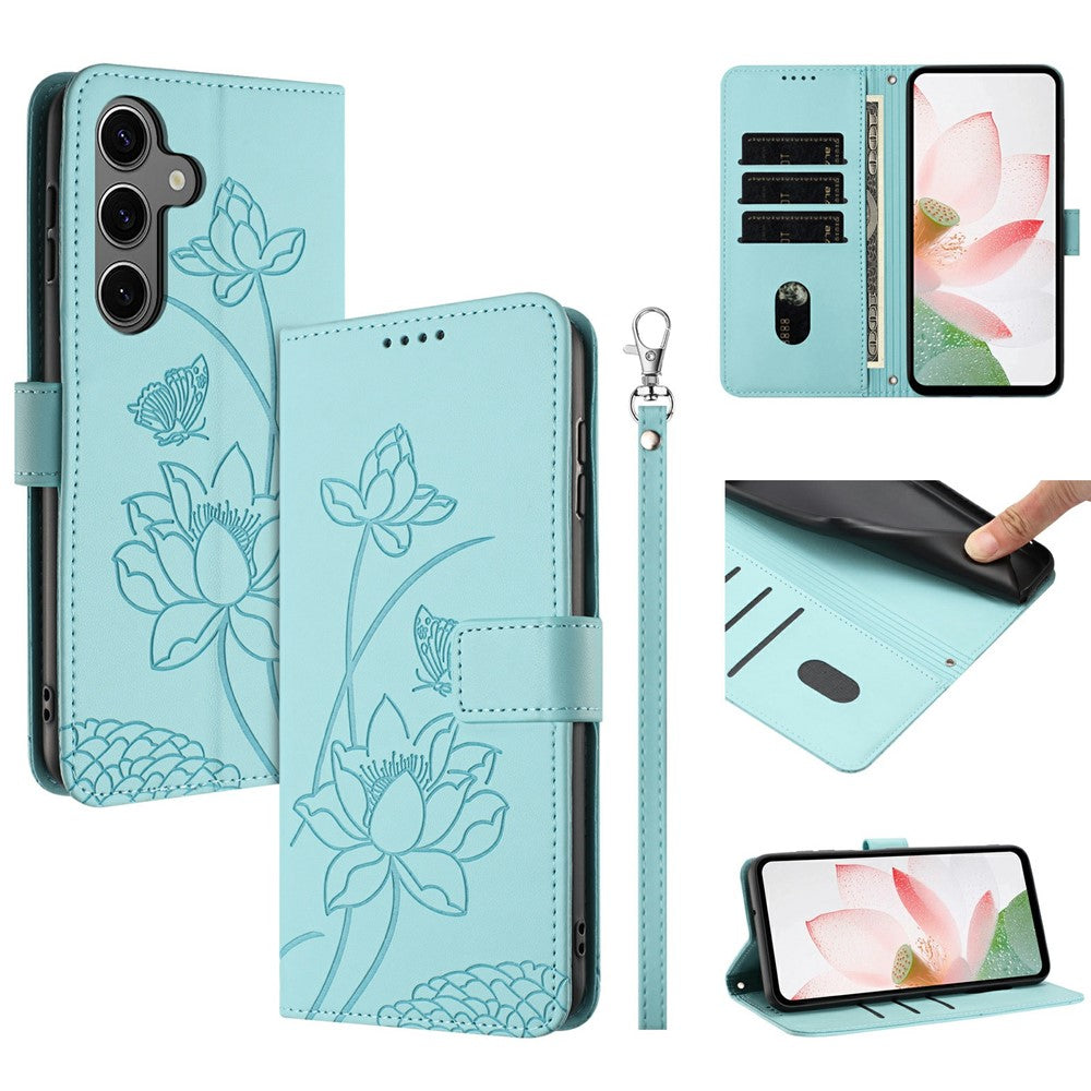 For Samsung Galaxy S25  /  S24 Case Wallet Stand Lotus Imprint Leather Phone Cover with Wrist Strap