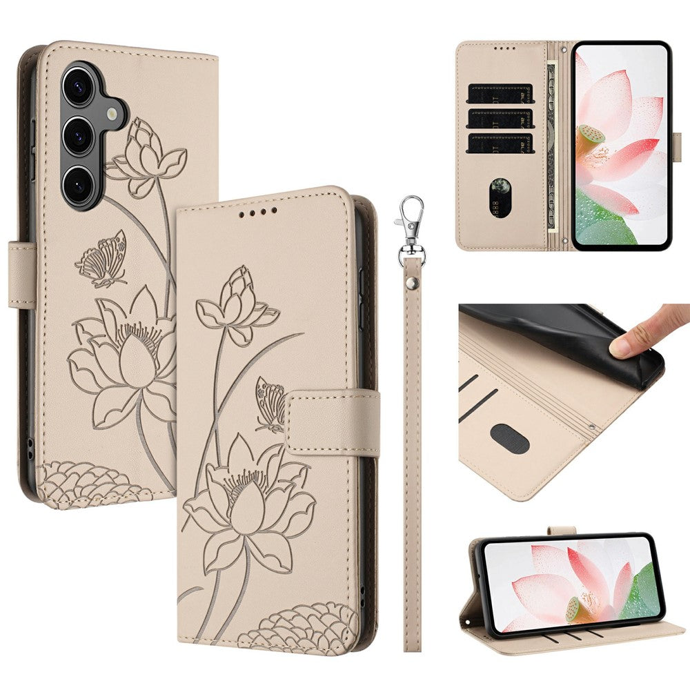 For Samsung Galaxy S25  /  S24 Case Wallet Stand Lotus Imprint Leather Phone Cover with Wrist Strap