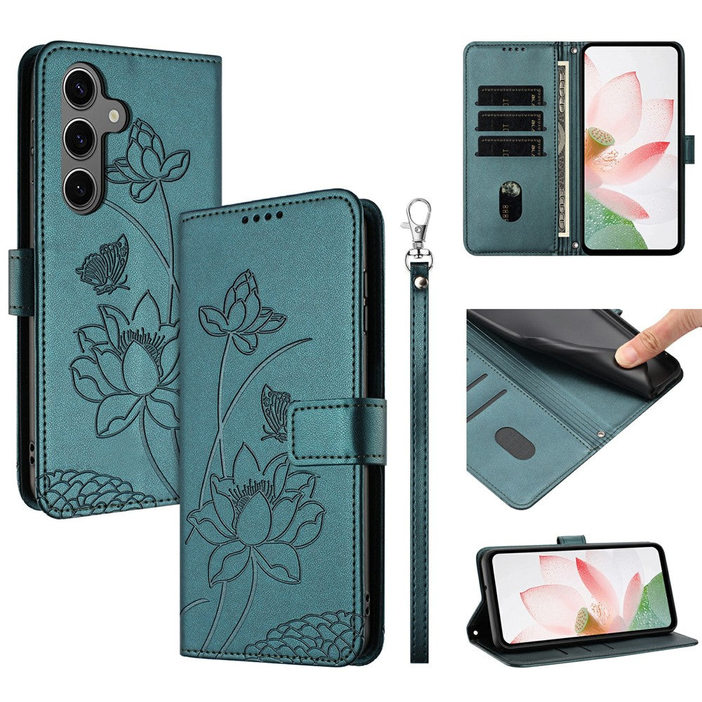 For Samsung Galaxy S25  /  S24 Case Wallet Stand Lotus Imprint Leather Phone Cover with Wrist Strap