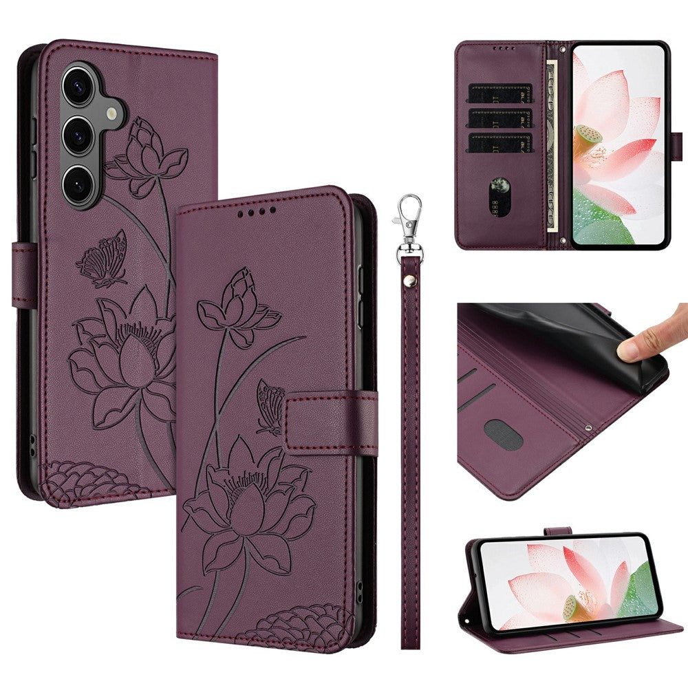 For Samsung Galaxy S25  /  S24 Case Wallet Stand Lotus Imprint Leather Phone Cover with Wrist Strap