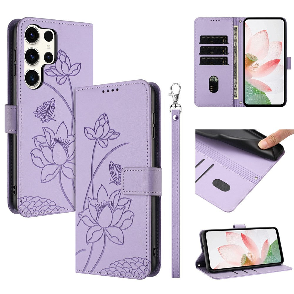 For Samsung Galaxy S25 Ultra Case Wallet Stand Lotus Imprint Leather Phone Cover with Wrist Strap