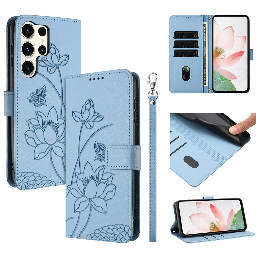 For Samsung Galaxy S25 Ultra Case Wallet Stand Lotus Imprint Leather Phone Cover with Wrist Strap