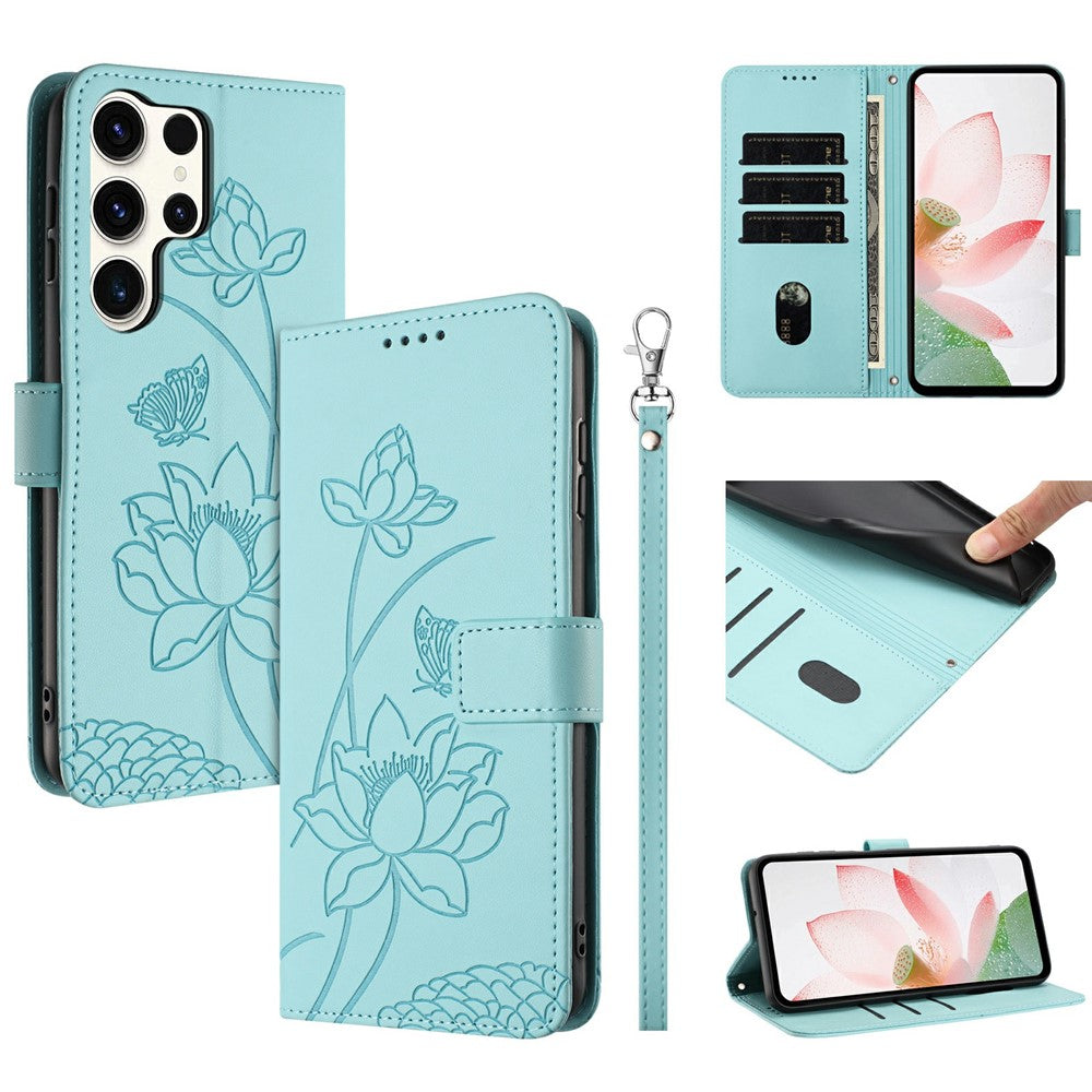 For Samsung Galaxy S25 Ultra Case Wallet Stand Lotus Imprint Leather Phone Cover with Wrist Strap