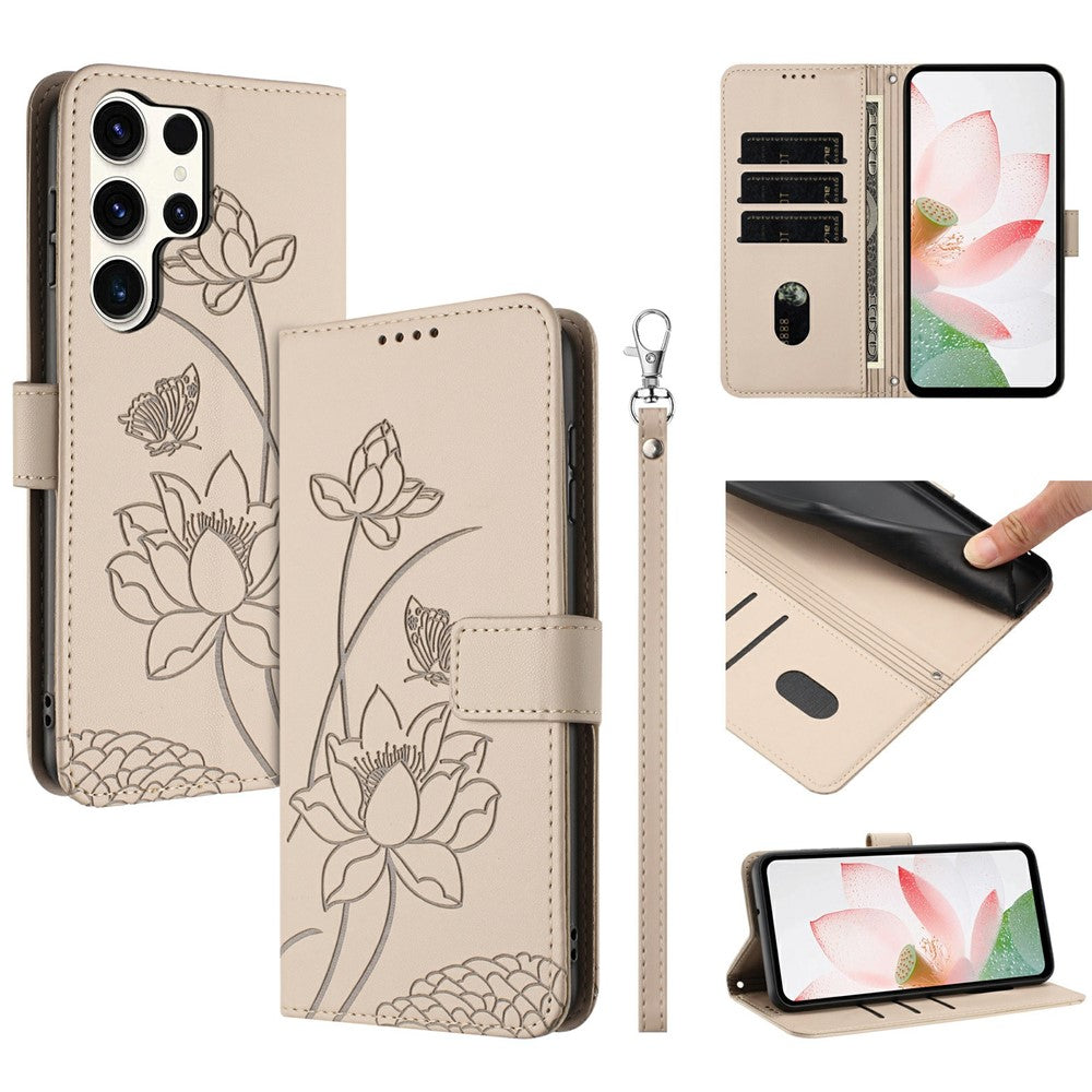 For Samsung Galaxy S25 Ultra Case Wallet Stand Lotus Imprint Leather Phone Cover with Wrist Strap