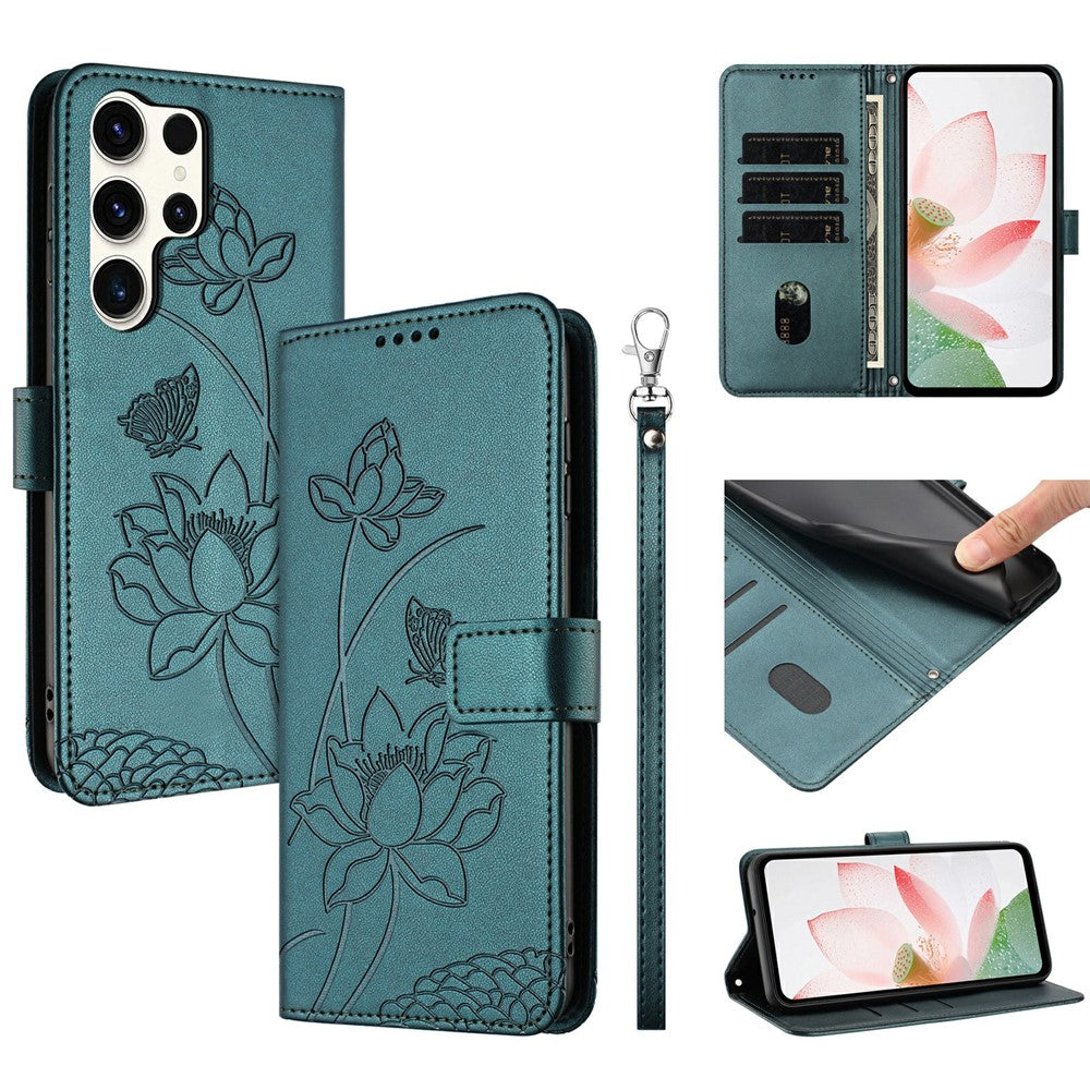 For Samsung Galaxy S25 Ultra Case Wallet Stand Lotus Imprint Leather Phone Cover with Wrist Strap
