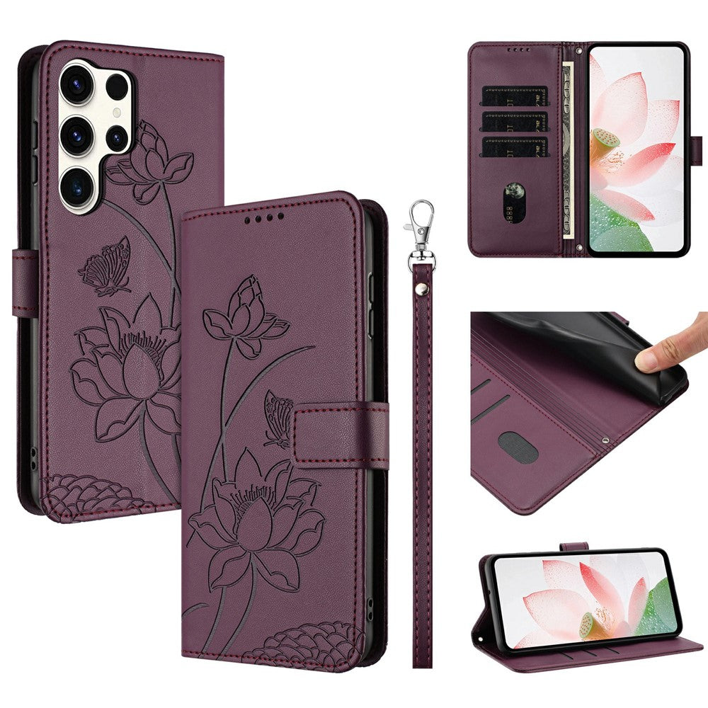 For Samsung Galaxy S25 Ultra Case Wallet Stand Lotus Imprint Leather Phone Cover with Wrist Strap