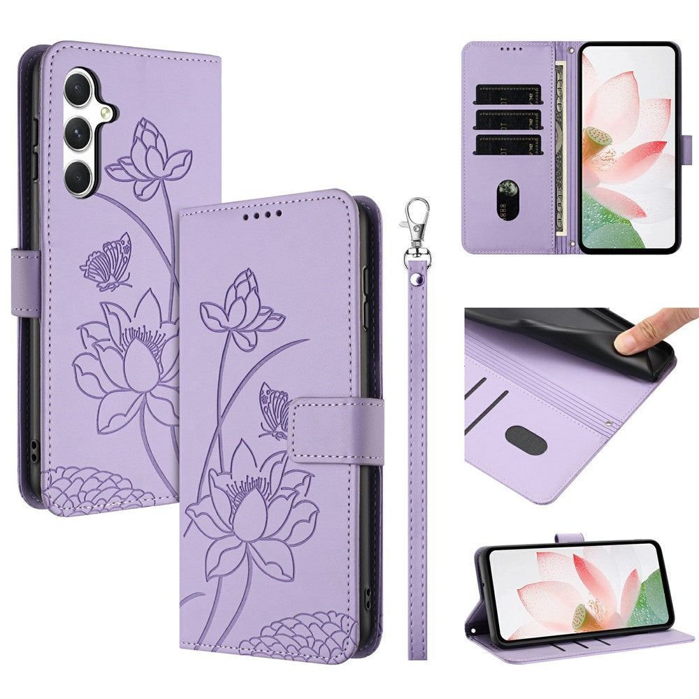 For Samsung Galaxy A56 5G  /  M56 5G Case Wallet Stand Lotus Imprint Leather Phone Cover with Wrist Strap