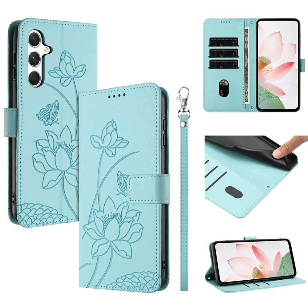 For Samsung Galaxy A56 5G  /  M56 5G Case Wallet Stand Lotus Imprint Leather Phone Cover with Wrist Strap