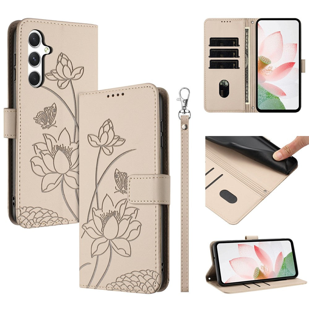 For Samsung Galaxy A56 5G  /  M56 5G Case Wallet Stand Lotus Imprint Leather Phone Cover with Wrist Strap