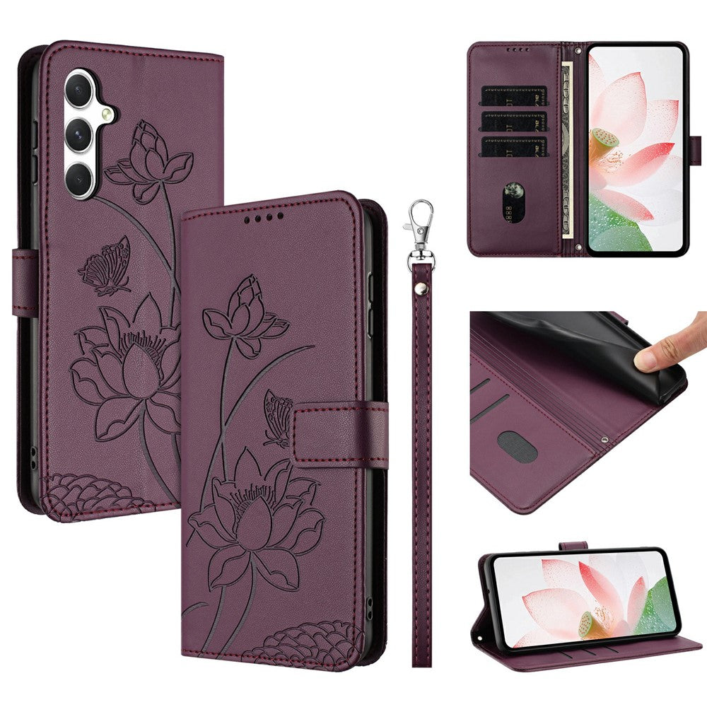 For Samsung Galaxy A56 5G  /  M56 5G Case Wallet Stand Lotus Imprint Leather Phone Cover with Wrist Strap