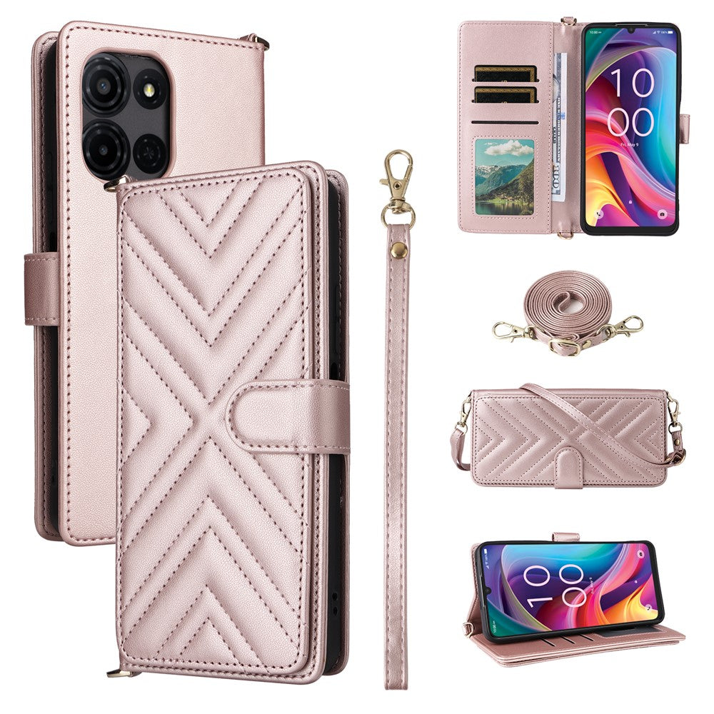 For TCL K33 5G / K32 5G Case with Shoulder / Wrist Strap Leather Phone Cover Stand Wallet