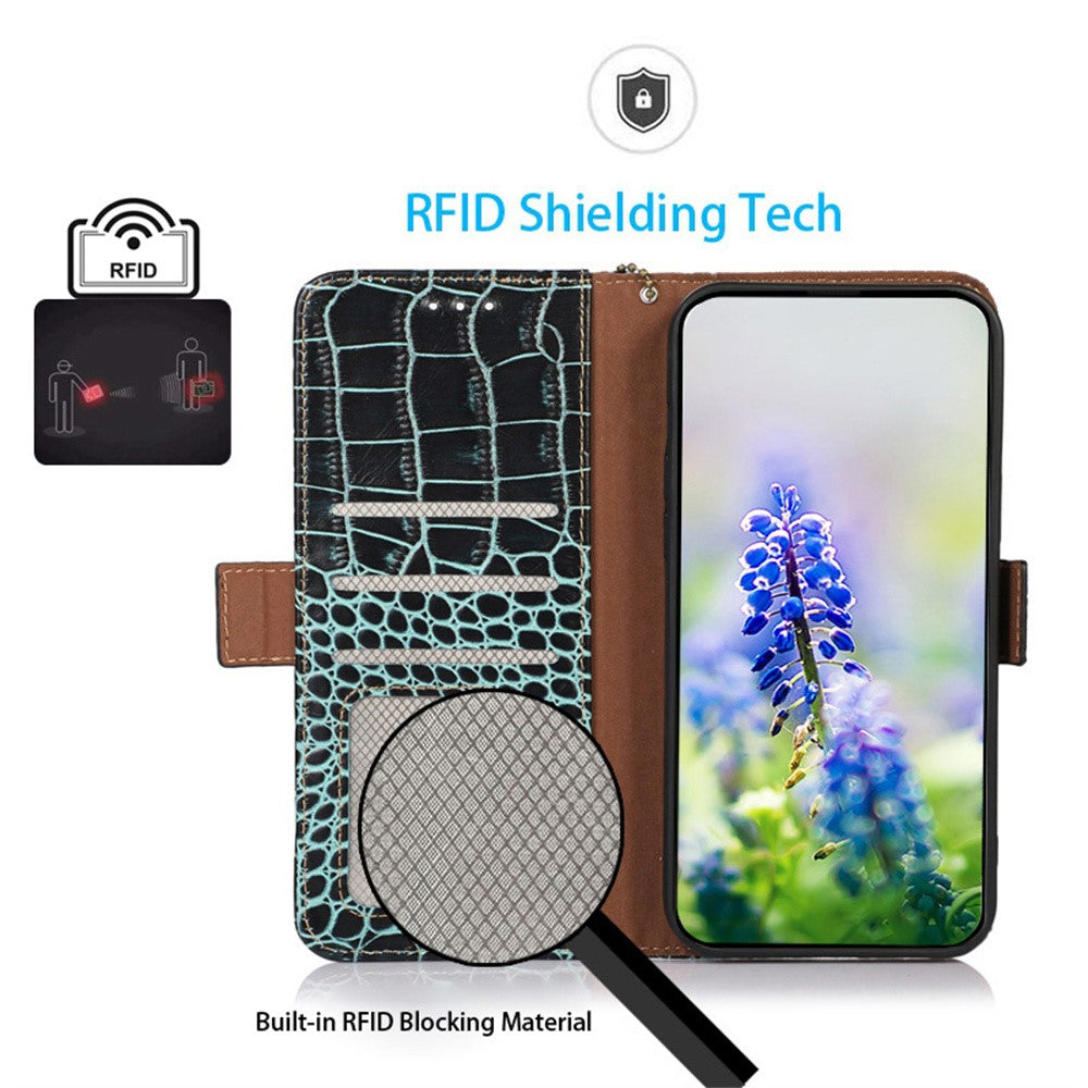 For Motorola Moto G06 4G Case RFID Blocking Wallet Crocodile Texture Genuine Cow Leather Phone Cover