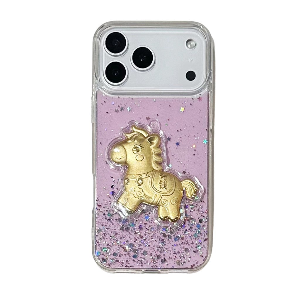 Coque pour iPhone 17 Pro à paillettes scintillantes avec ornement de cheval doré