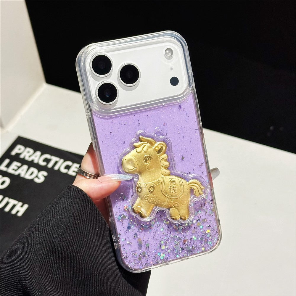 Coque pour iPhone 17 Pro à paillettes scintillantes avec ornement de cheval doré