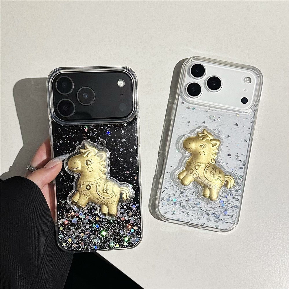 Coque pour iPhone 17 Pro à paillettes scintillantes avec ornement de cheval doré