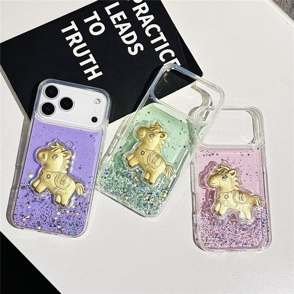 Coque pour iPhone 17 Pro à paillettes scintillantes avec ornement de cheval doré
