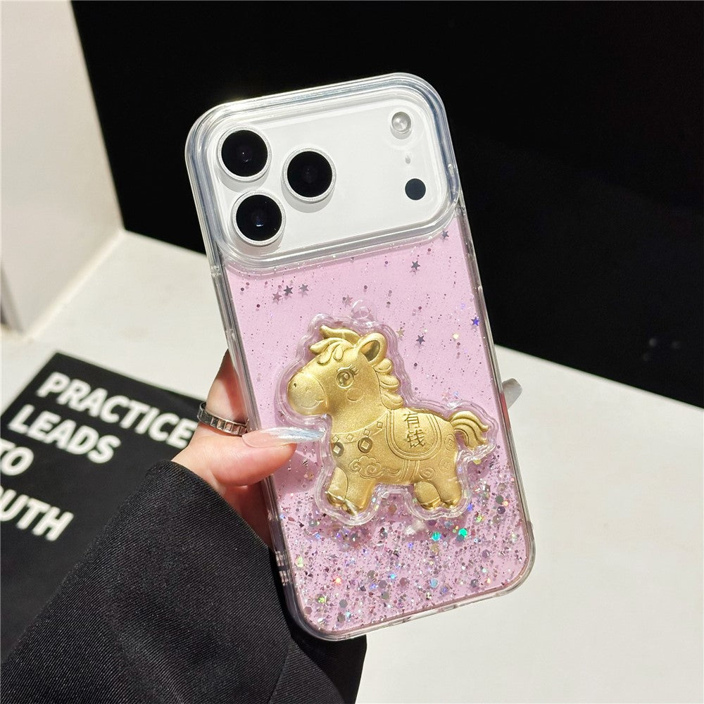 Coque pour iPhone 17 Pro à paillettes scintillantes avec ornement de cheval doré
