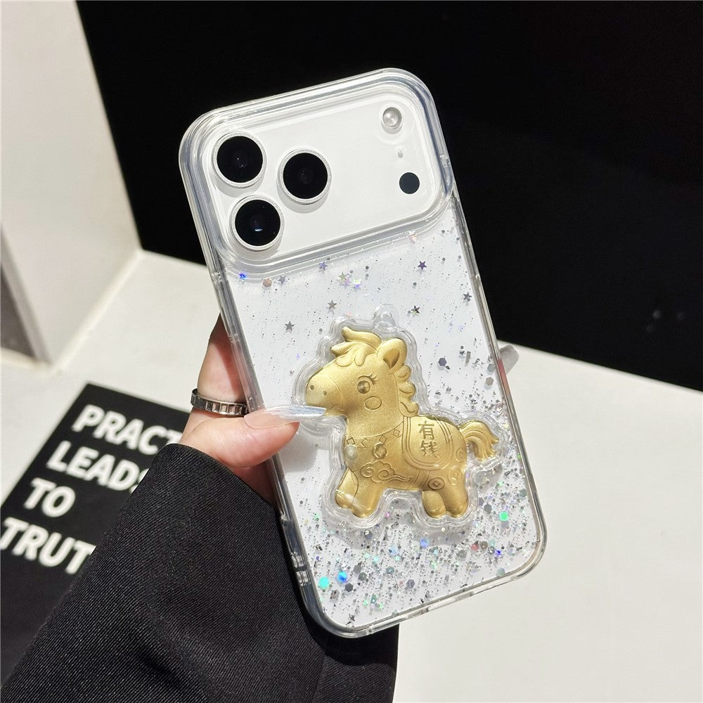 Coque pour iPhone 17 Pro à paillettes scintillantes avec ornement de cheval doré