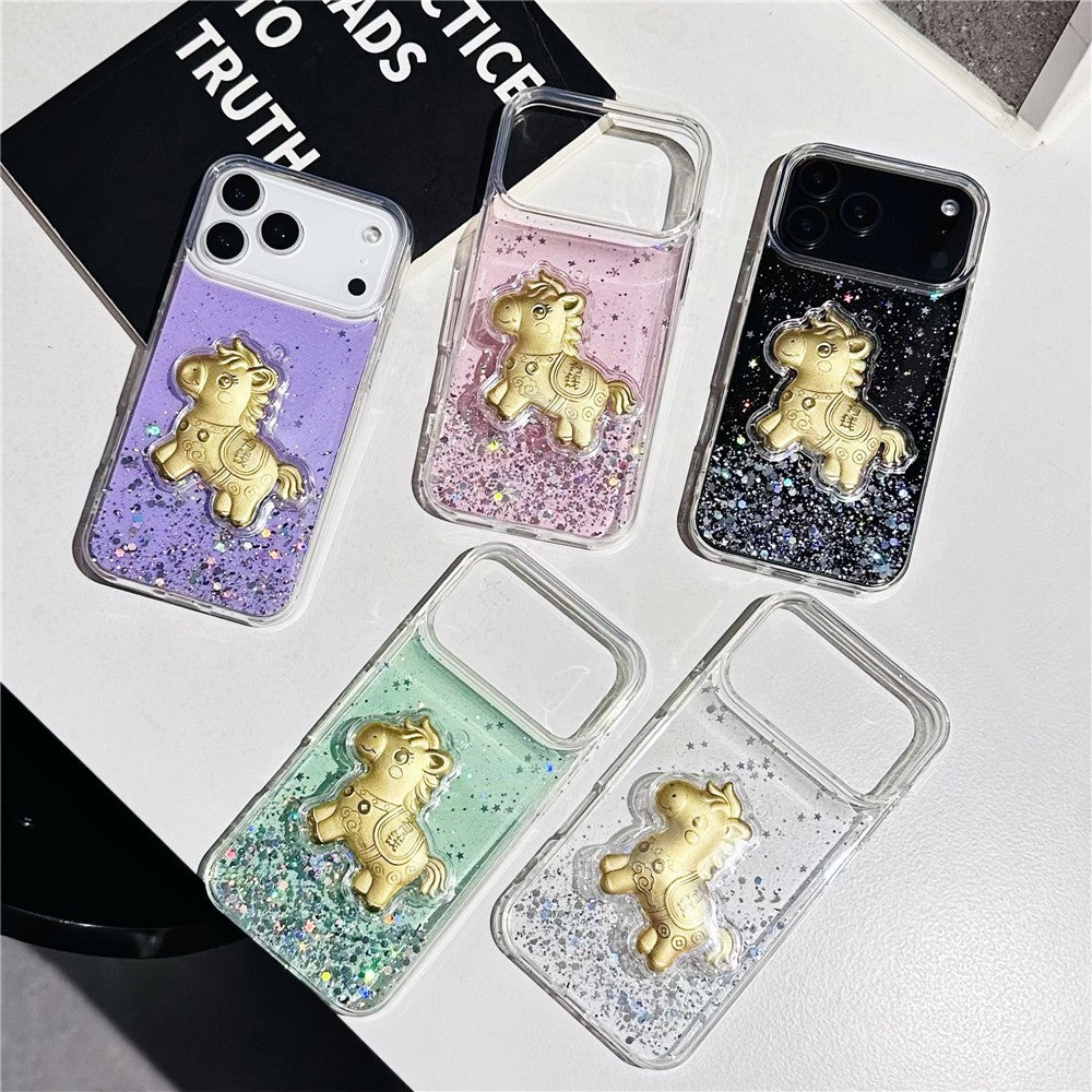 For iPhone 17 Pro Max Case Sparkling Glitter PC Phone Cover with Golden Horse Ornament