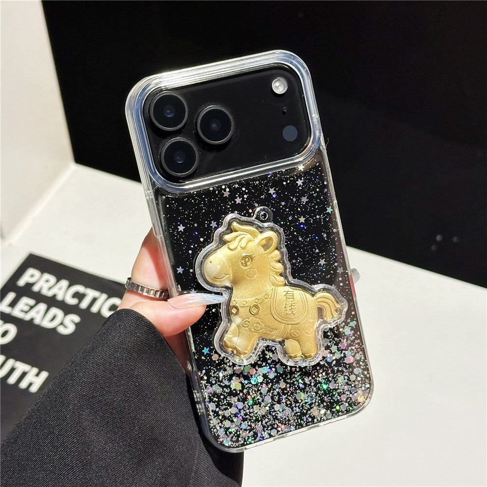 For iPhone 17 Pro Max Case Sparkling Glitter PC Phone Cover with Golden Horse Ornament