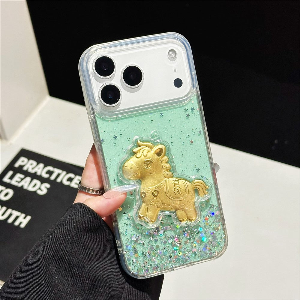 For iPhone 17 Pro Max Case Sparkling Glitter PC Phone Cover with Golden Horse Ornament