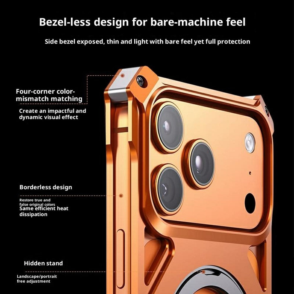 Coque pour iPhone 17 Pro avec support intégré, sans cadre, en alliage d'aluminium et protection antichoc en silicone