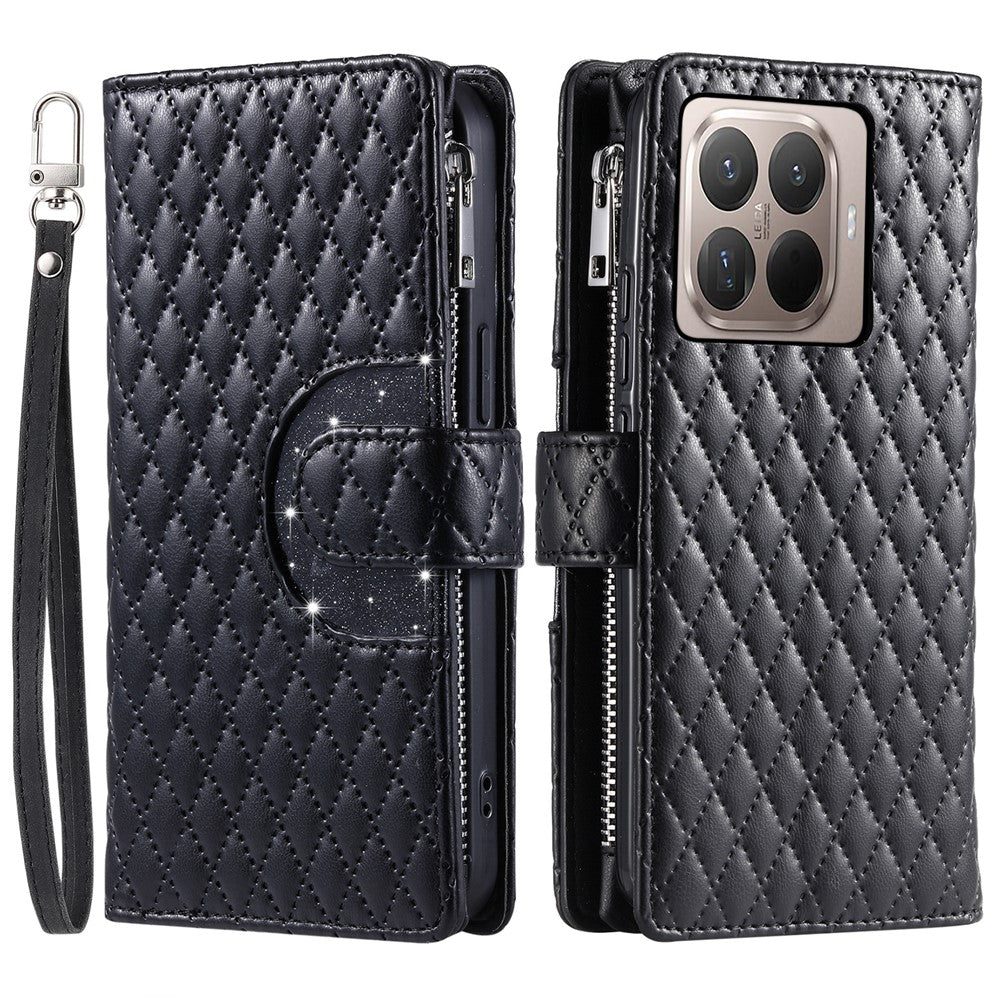 For Xiaomi 15T Pro Case Zipper Pocket Glitter Leather Phone Cover with Wrist Strap