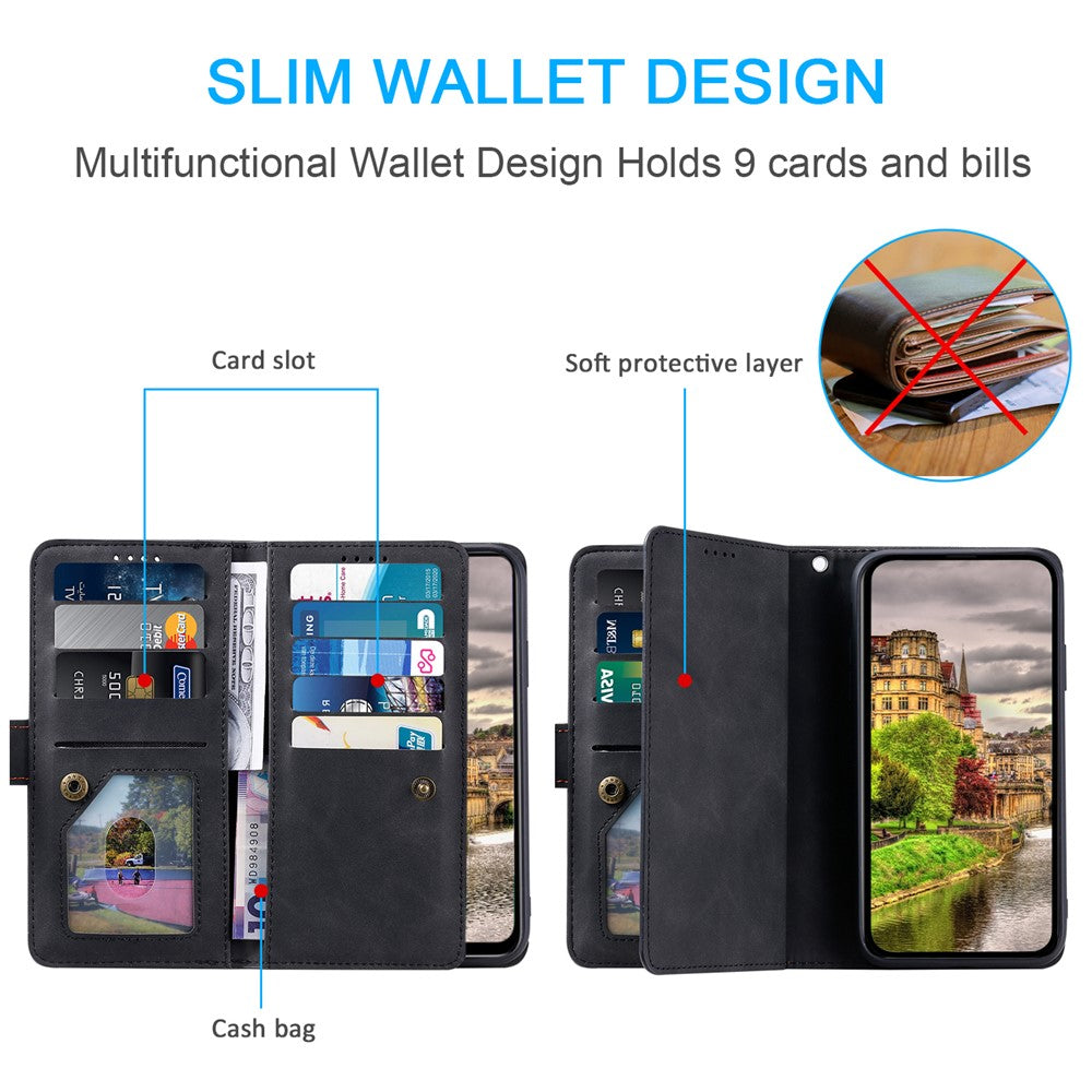 For Xiaomi 15T Pro Case 9 Card Slots Zipper Wallet PU Leather Phone Cover with Wrist Strap