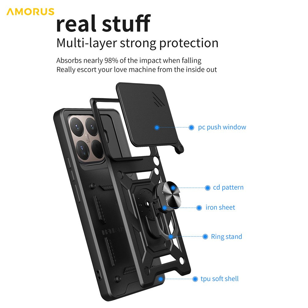 AMORUS For Xiaomi 15T Pro Case Kickstand PC + TPU Phone Cover with Camera Lens Slider