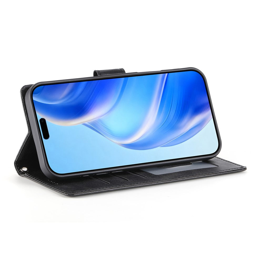 For iPhone 17 Case Stand Wallet Calf Texture PU Leather Flip Phone Cover with Wrist Strap