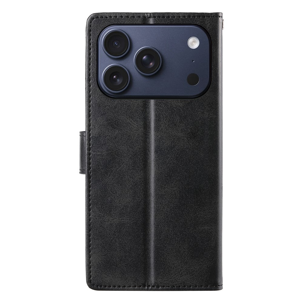 For iPhone 17 Pro Case Stand Wallet Calf Texture PU Leather Flip Phone Cover with Wrist Strap