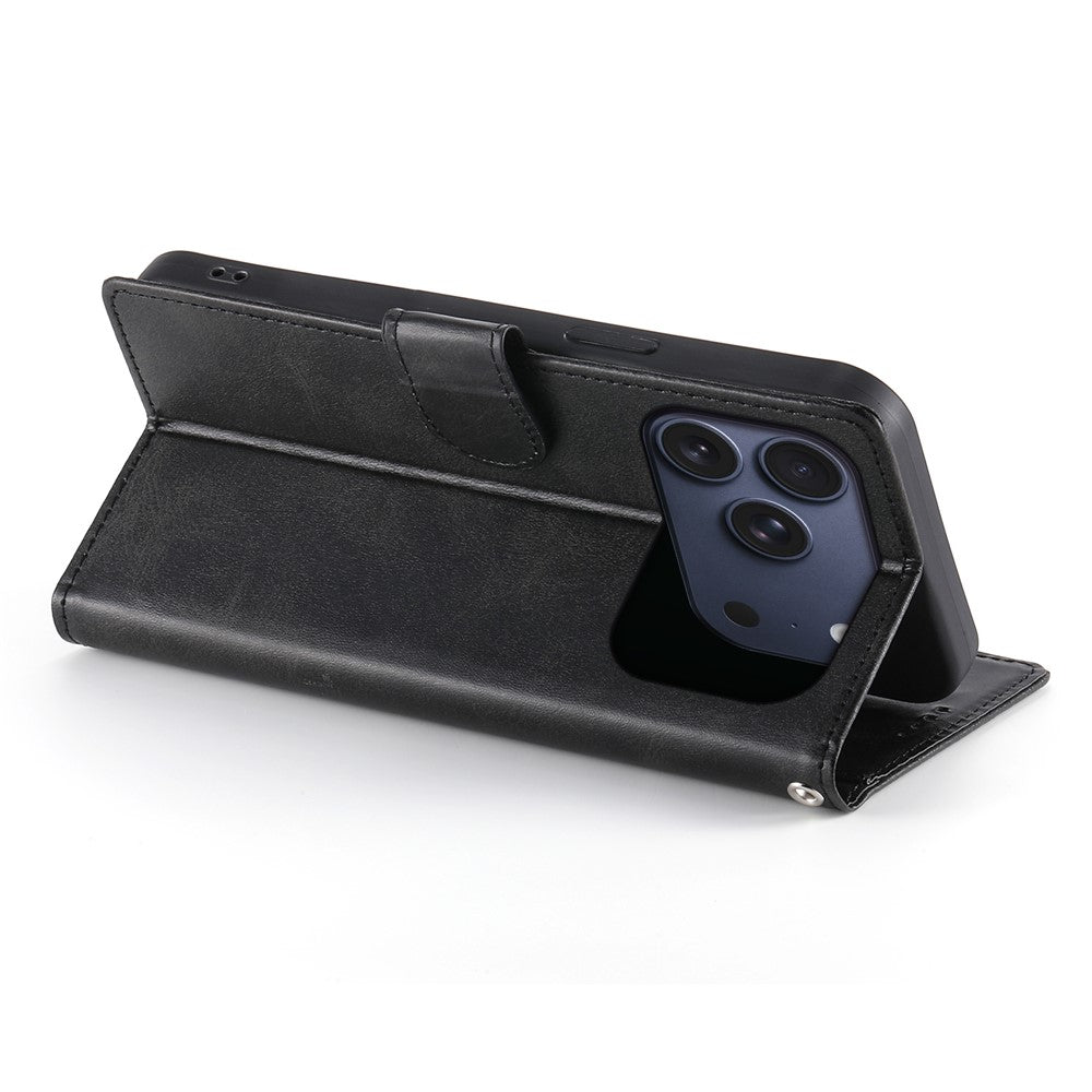 For iPhone 17 Pro Case Stand Wallet Calf Texture PU Leather Flip Phone Cover with Wrist Strap