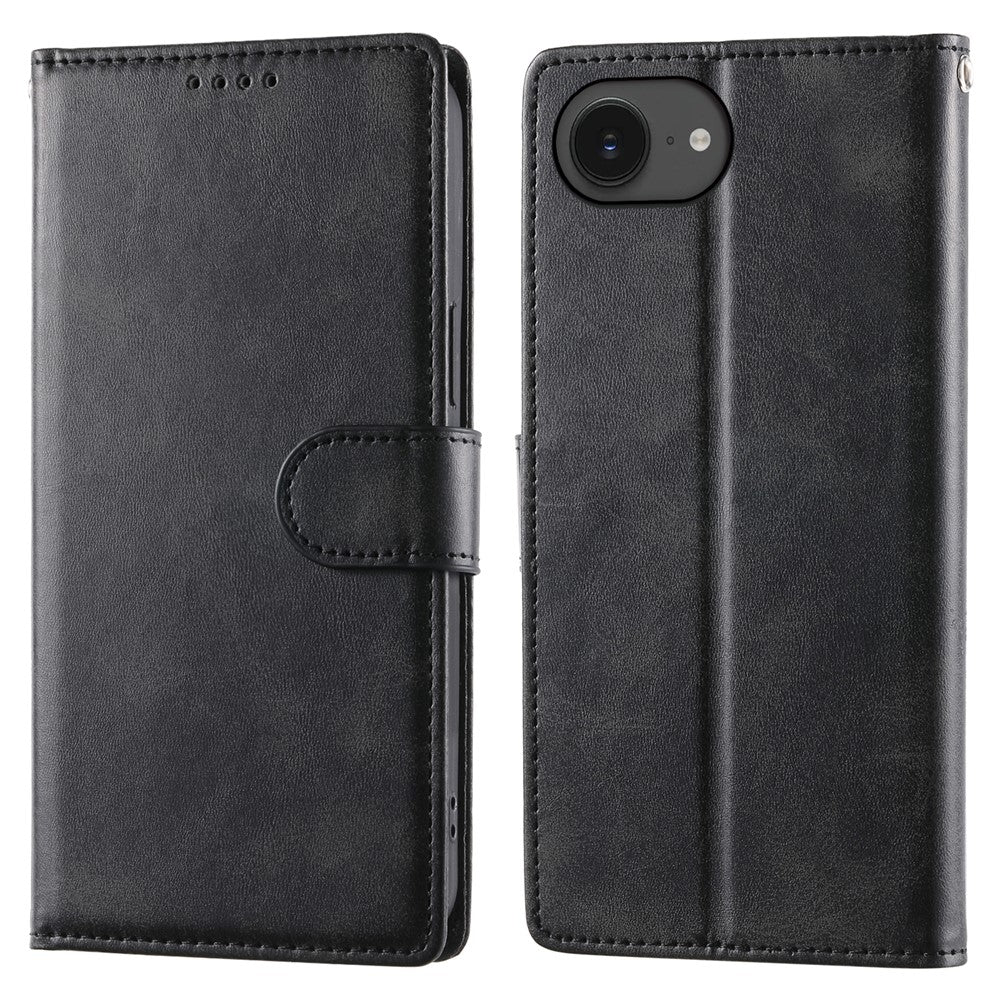 For iPhone 16e Case Stand Wallet Calf Texture PU Leather Flip Phone Cover with Wrist Strap
