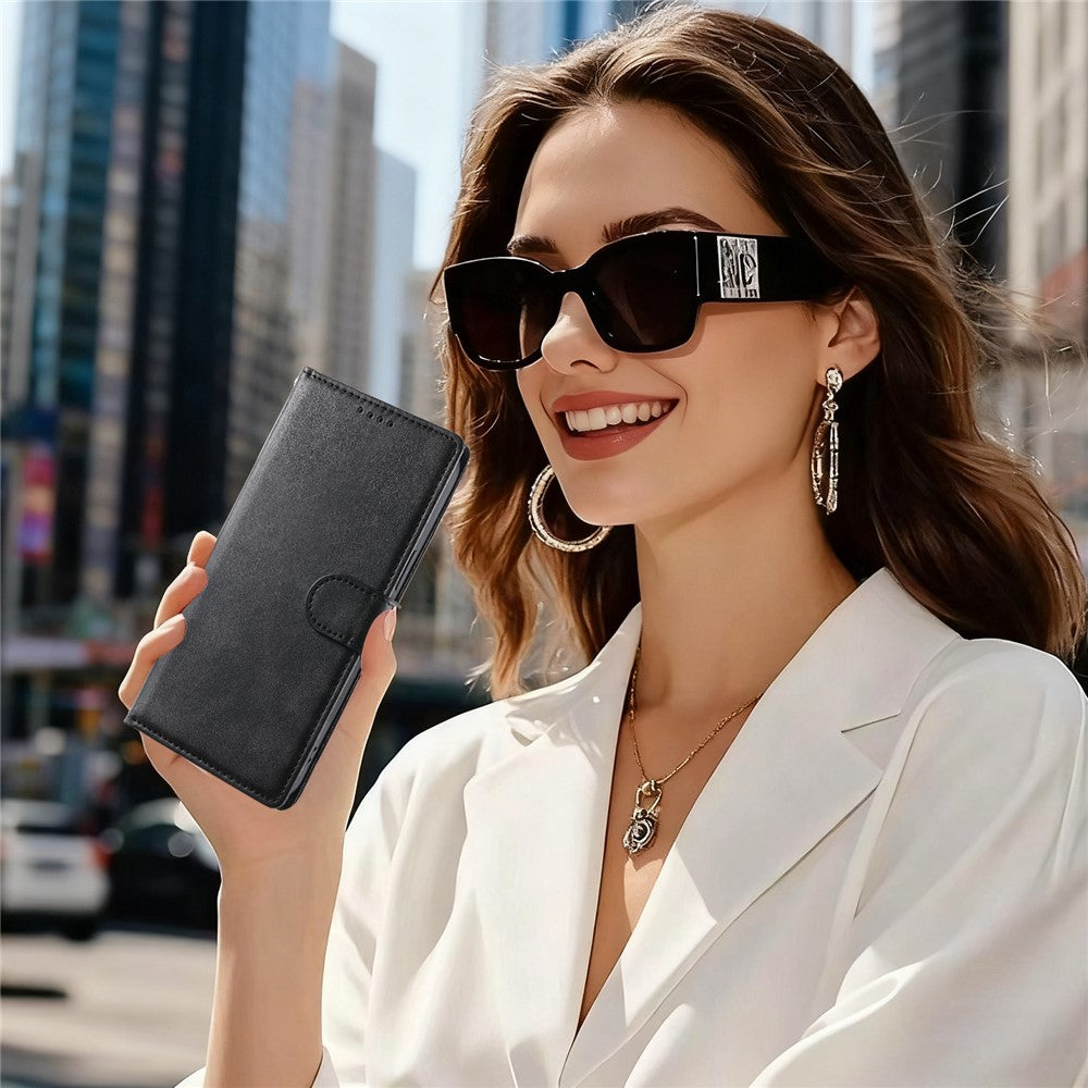 For iPhone 16e Case Stand Wallet Calf Texture PU Leather Flip Phone Cover with Wrist Strap