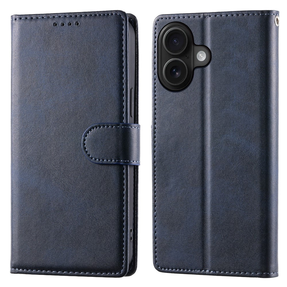 For iPhone 16 Case Stand Wallet Calf Texture PU Leather Flip Phone Cover with Wrist Strap