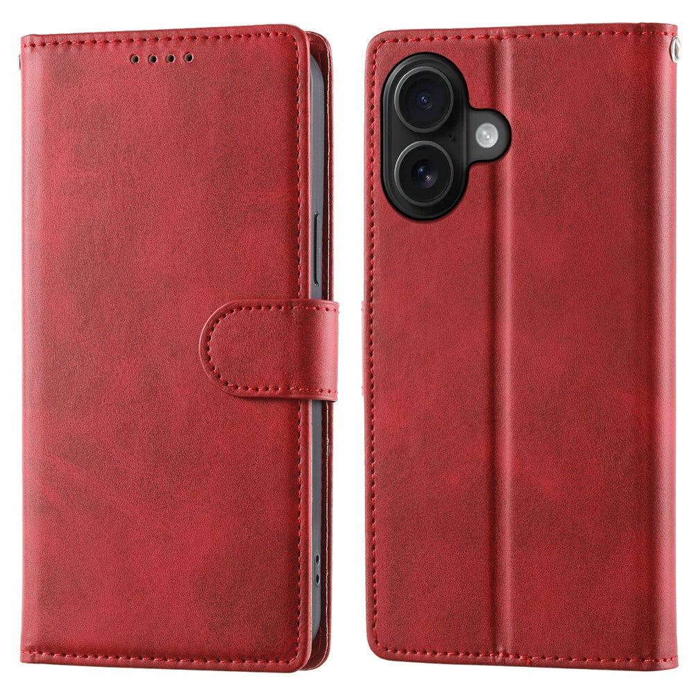 For iPhone 16 Case Stand Wallet Calf Texture PU Leather Flip Phone Cover with Wrist Strap