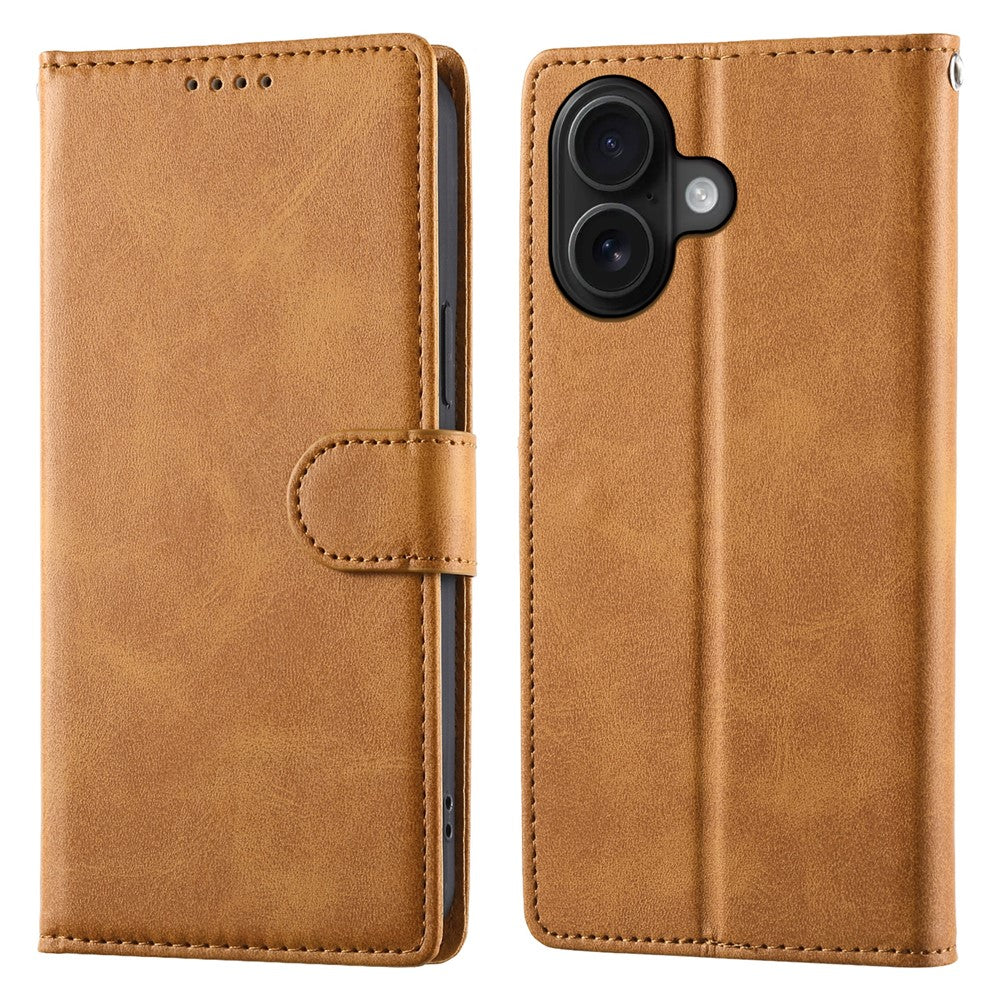 For iPhone 16 Case Stand Wallet Calf Texture PU Leather Flip Phone Cover with Wrist Strap