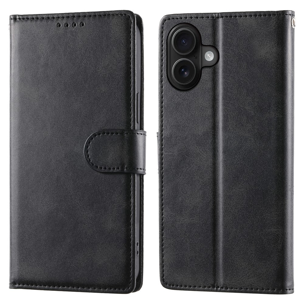 For iPhone 16 Plus Case Stand Wallet Calf Texture PU Leather Flip Phone Cover with Wrist Strap