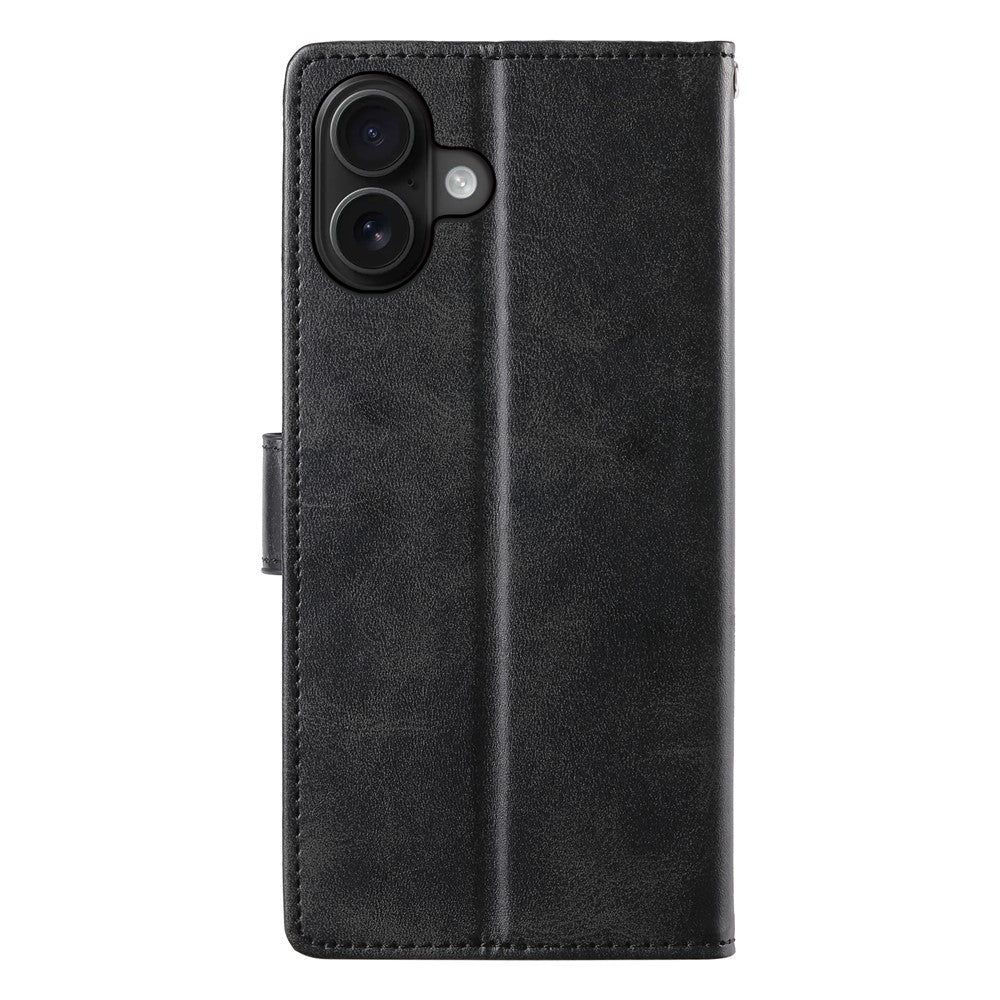 For iPhone 16 Plus Case Stand Wallet Calf Texture PU Leather Flip Phone Cover with Wrist Strap