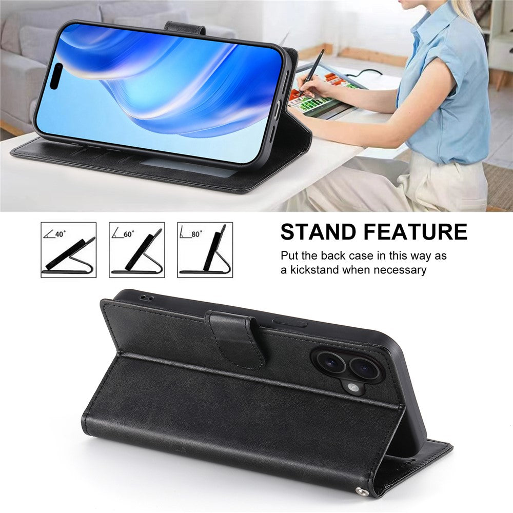 For iPhone 16 Plus Case Stand Wallet Calf Texture PU Leather Flip Phone Cover with Wrist Strap