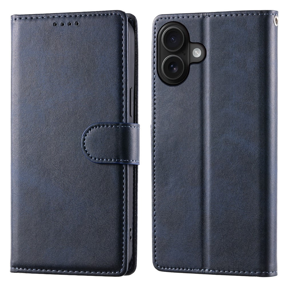 For iPhone 16 Plus Case Stand Wallet Calf Texture PU Leather Flip Phone Cover with Wrist Strap